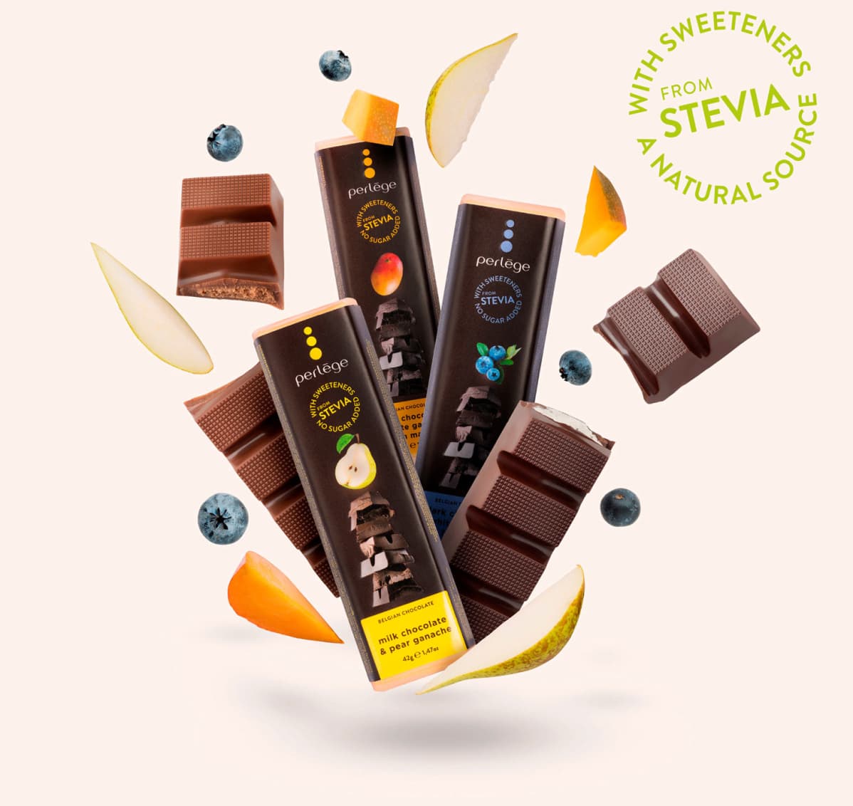 Een assortiment van Perlège chocoladerepen gemaakt met Stevia