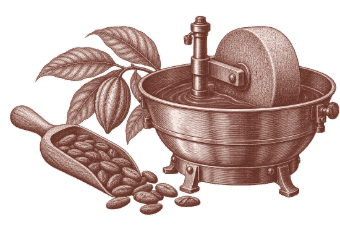Gravure d’une meule à chocolat et d’une pelle de fèves de cacao