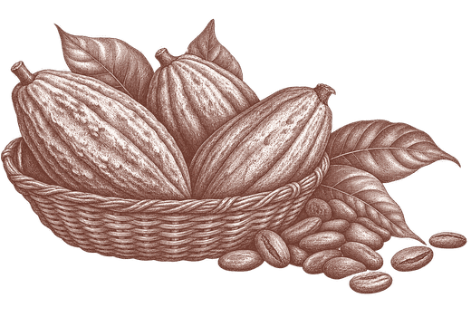 Gravure d’un panier de cabosses de cacao et de fèves