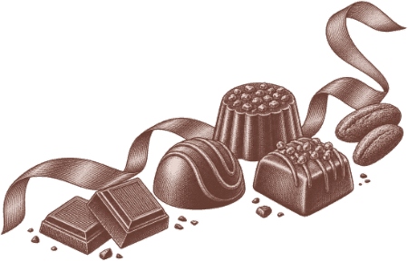 Gravure de pralines et de carrés de chocolat au ruban