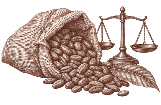 Gravure d’un sac de fèves de cacao renversé et d’une balance de négoce