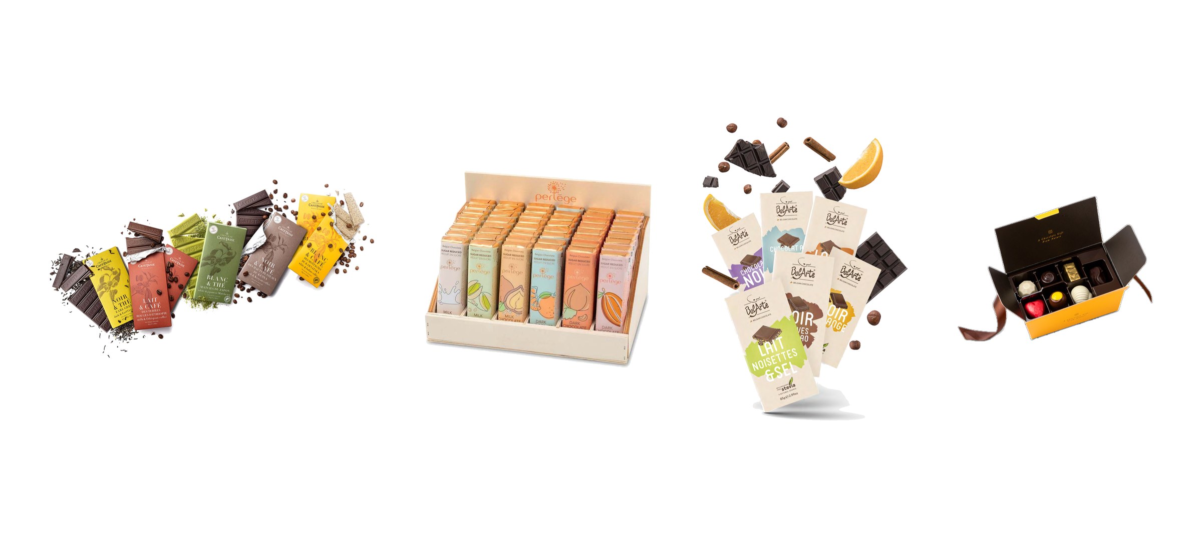 Les quatre marques de Choc and Co : Café-Tasse, Perlège, BelArte et Arosa