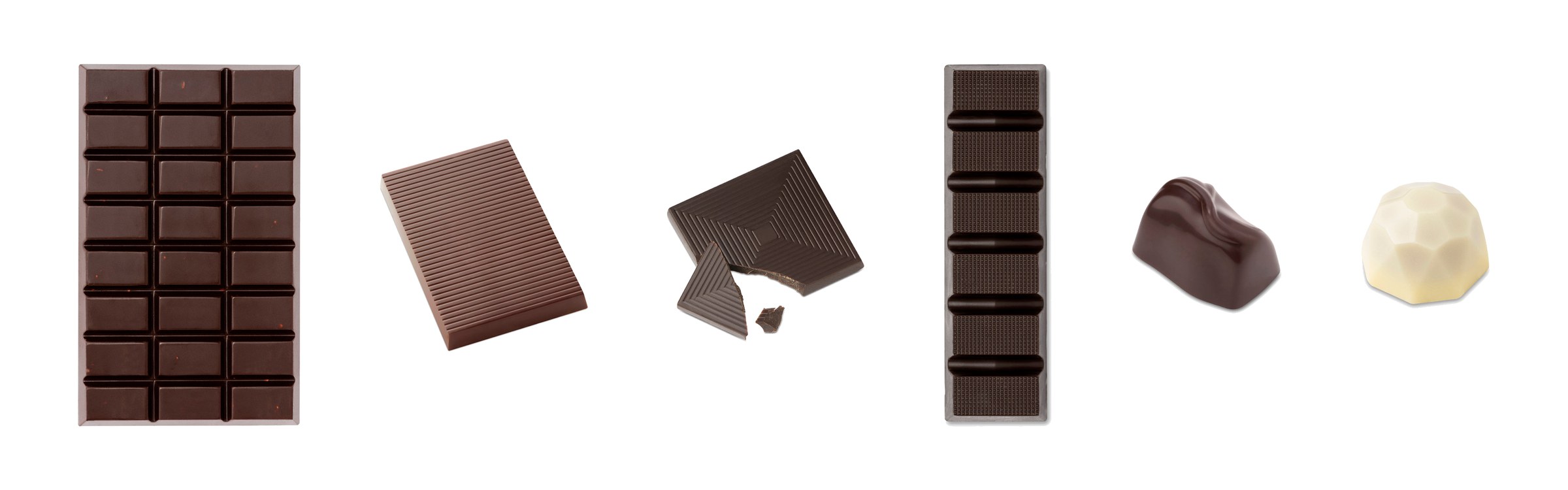Les cinq formats Private Label : tablette, mini-tablette, napolitain, bâton et pralines